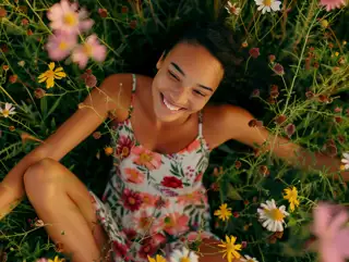 Young Woman Floral Dress Lying Field Wildflowers