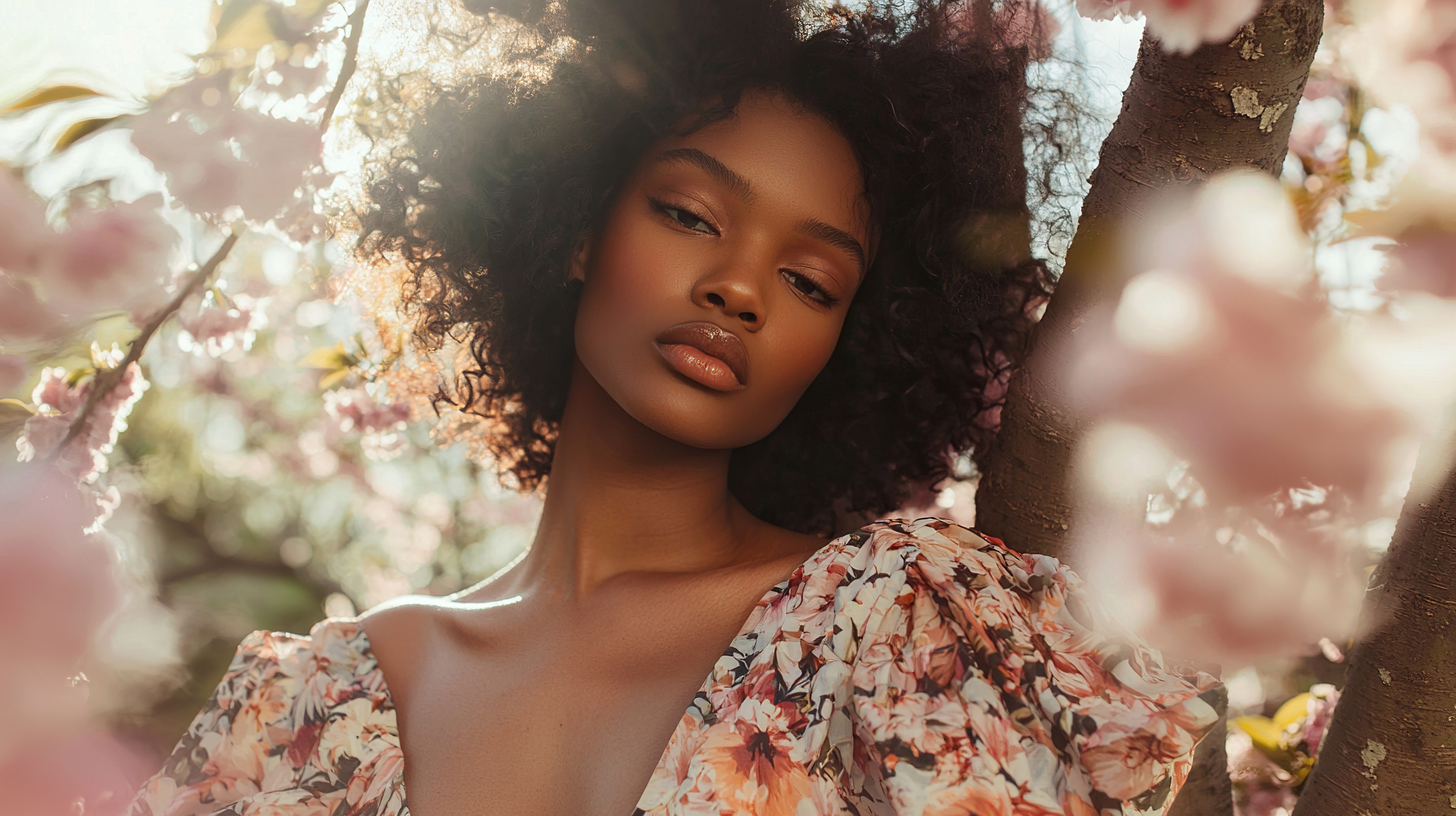 Beautiful Young Woman Blooming Cherry Blossom Trees Serene Garden Springtime