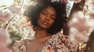 Beautiful Young Woman Blooming Cherry Blossom Trees Serene Garden Springtime